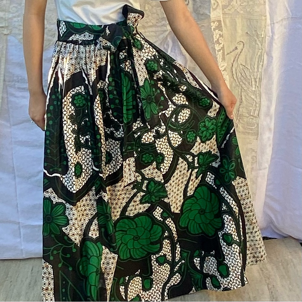 Retro Bold African Wax Print Cotton Full Long Skirt Elastic Tie Waist
